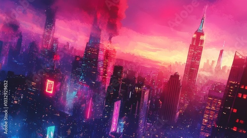 A dynamic city skyline in watercolor, skyscrapers stretching skyward, neon street art vibrant on building walls, capturing the energy of urban creativity