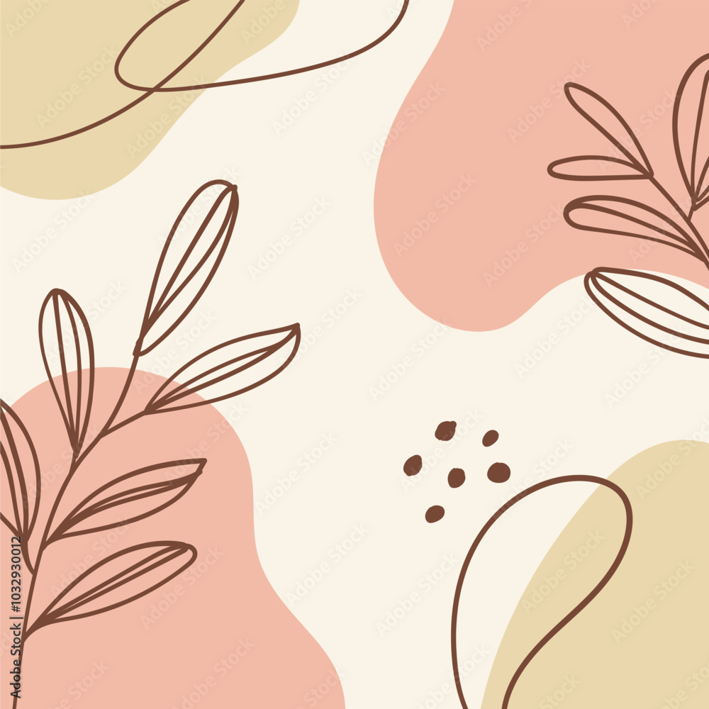 Obraz premium Leaves and abstract shapes. A composition with black outlines of leaves against a background of soft abstract shapes.