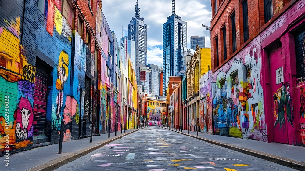 Fototapeta premium Vibrant street art beneath towering structures, showing the beautiful clash of colorful creativity and modern urban design