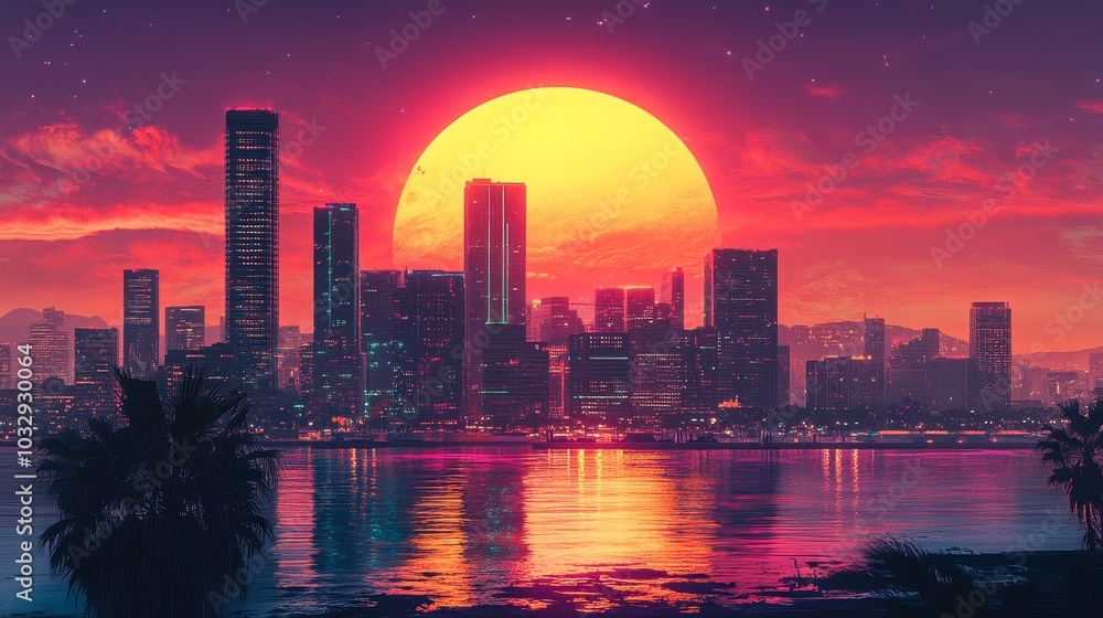 Obraz premium 70s-inspired futuristic city, glass skyscrapers gleaming in the sun, ground-level street art murals adding a splash of vibrant culture to the scene