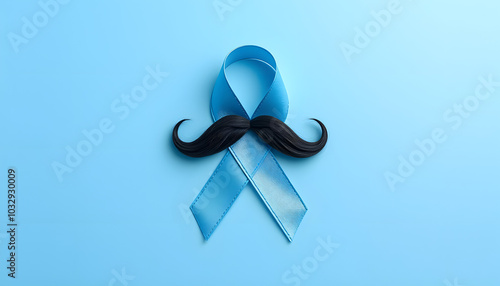 Top view on Light blue ribbon with mustache on blue background. Prostate Cancer Awareness, Movember Men's health awareness, November Blue, International Men's Day isolated with white highlights, png