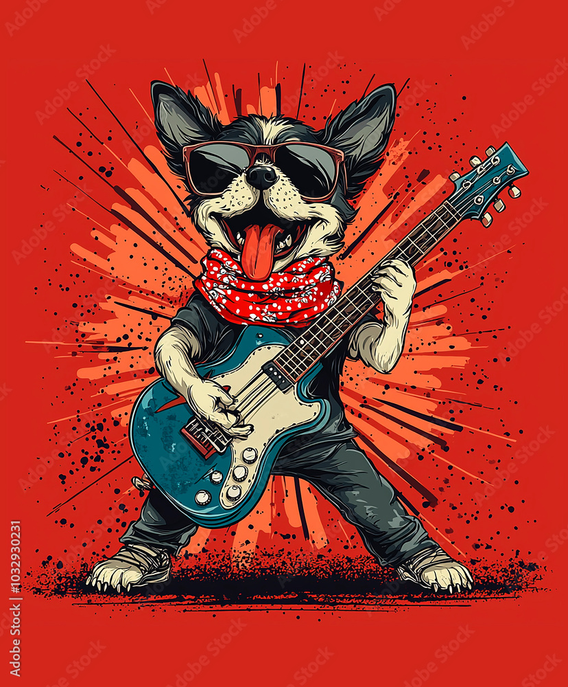Fototapeta premium Dog t-shirt print illustration with guitar