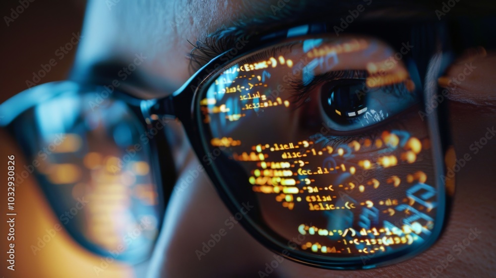 Intense close-up of a hacker's eyes reflecting a cryptic computer code, representing focused cyber expertise and the penetrating gaze of digital surveillance. Intense close-up of a hacker's eyes reflecting a cryptic computer code, representing focused cyber expertise and the penetrating gaze of digital surveillance.