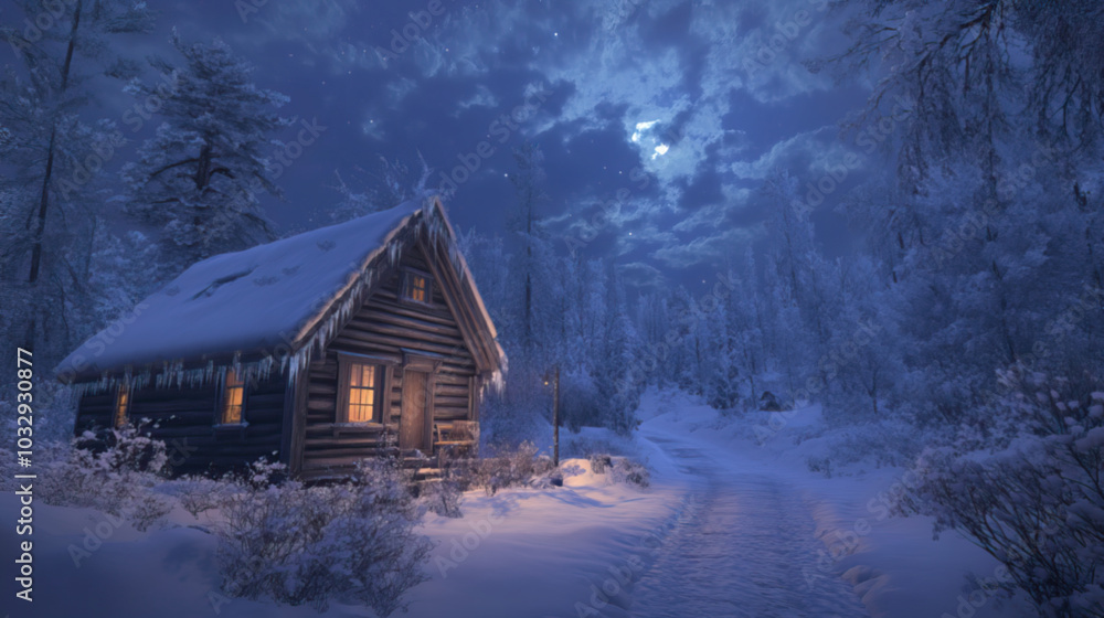 A small, cozy cabin in the middle of snow-covered woods, lit by warm light from inside A small, cozy cabin in the middle of snow-covered woods, lit by warm light from inside