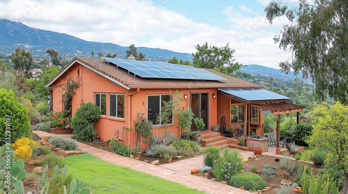 House with solar panels on the roof, photovoltaic