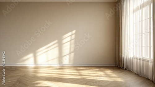 A large empty room with a white wall and wooden floors