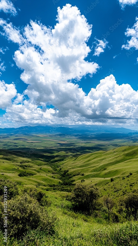 Rolling green hills stretch out under a bright blue sky with fluffy white clouds. Rolling green hills stretch out under a bright blue sky with fluffy white clouds.