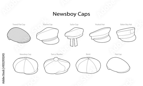 Set of Newsboy Style Caps with names - Peaked Marine Ascot Ivy Baker, Boy Flat Tam o Shanter, Paperboy Gatsby Hat Fashion accessory technical illustration. Vector flat template mockup sketch isolated