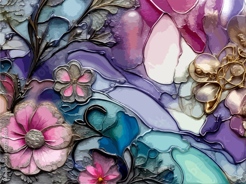 Mesmerizing Soft Pastel Colored Alcohol Inc Pink Flora, Purple, Blue and White Mosaic Type Style, with Silver and Gold Embossed Edges