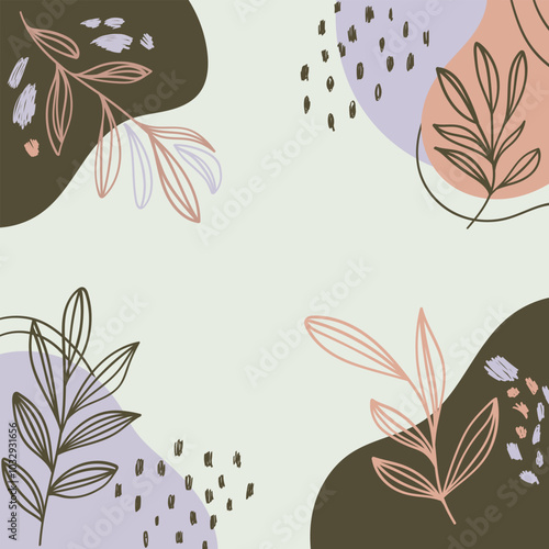 Leaves and organic shapes. An abstract composition with leaves and flowing shapes in pastel colors.