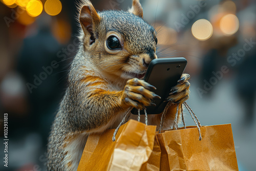 A squirrel balancing multiple shopping bags while on a phone call shows the chaos of consumer life. Concept of animals in human roles. photo