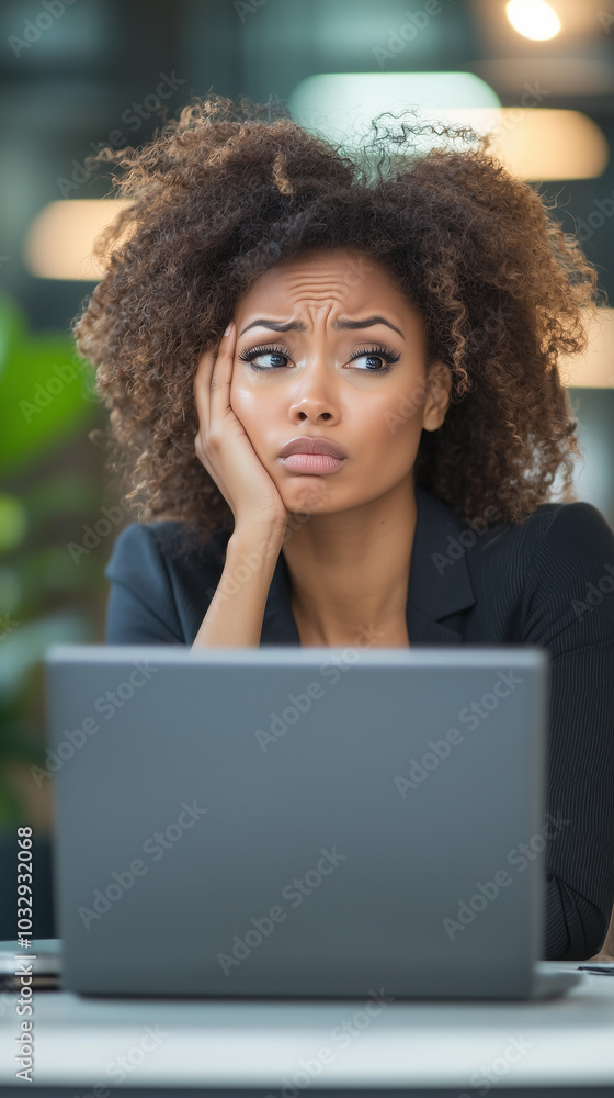 African person sitting at a desk in an office looking distressed while working on a laptop African person sitting at a desk in an office looking distressed while working on a laptop