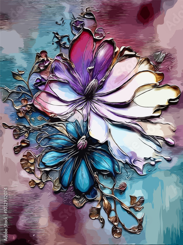 Mesmerizing Soft Pastel Colored Alcohol Inc Pink Flora, Purple, Blue and White Mosaic Type Style, with Silver and Gold Embossed Edges