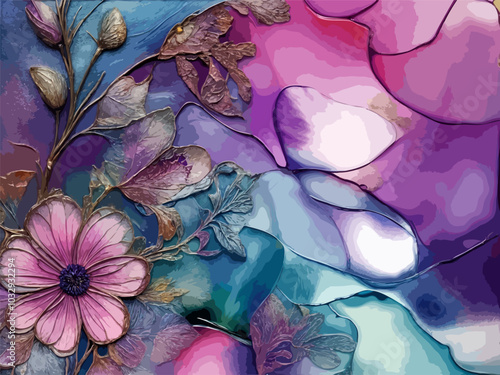 Mesmerizing Soft Pastel Colored Alcohol Inc Pink Flora, Purple, Blue and White Mosaic Type Style, with Silver and Gold Embossed Edges