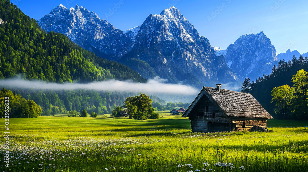 Obraz premium Serene mountain landscape with a rustic cabin.