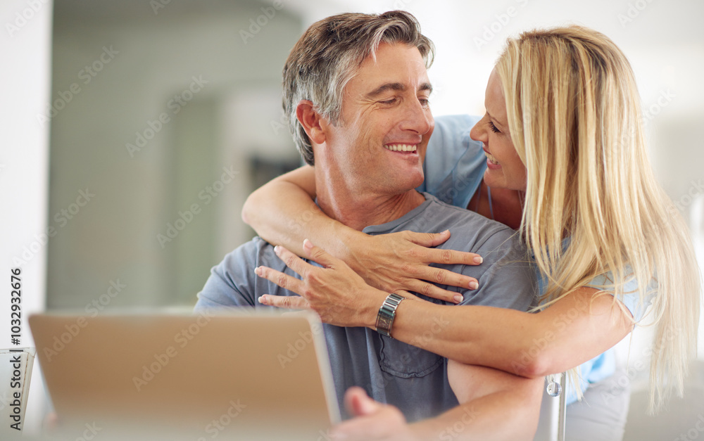 Home, mature couple and connection with laptop for insurance cover, online research or information. House, woman and man with technology for investment, financial review or happy for support with hug Home, mature couple and connection with laptop for insurance cover, online research or information. House, woman and man with technology for investment, financial review or happy for support with hug