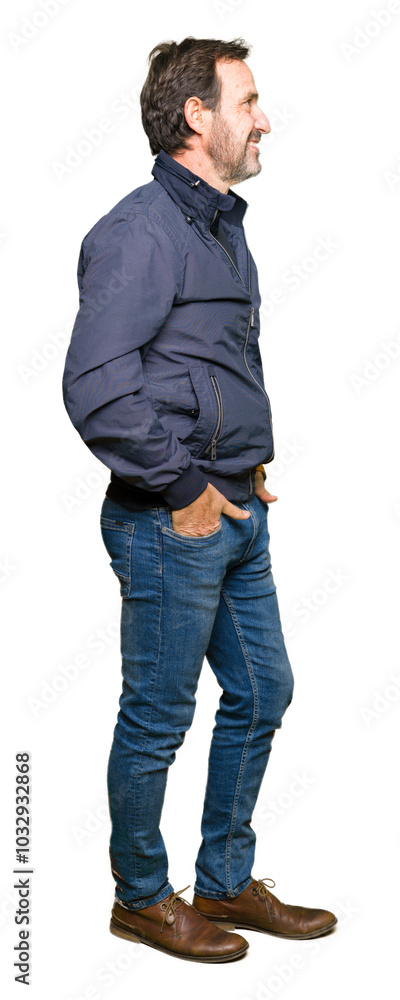 Middle age handsome man wearing a jacket looking to side, relax profile pose with natural face with confident smile. Middle age handsome man wearing a jacket looking to side, relax profile pose with natural face with confident smile.