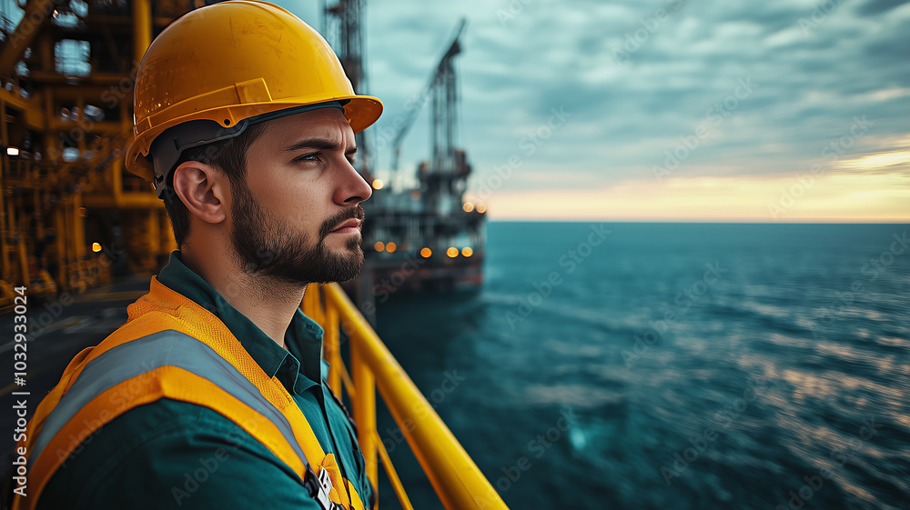 Worker on an oil rig in the ocean Worker on an oil rig in the ocean