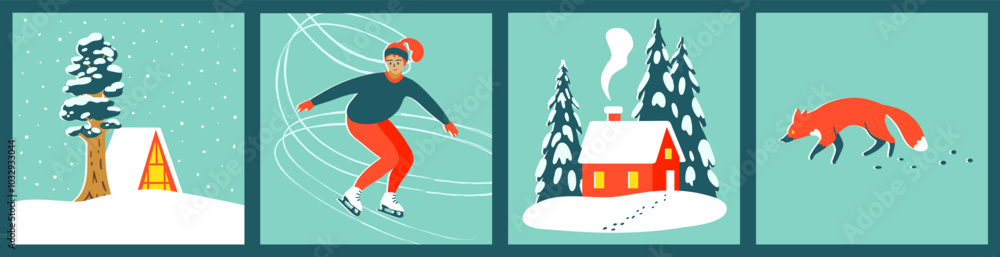 Set with Winter Scenes: Christmas Houses, Figure Skater girl, Fox on the snowdrift. Colorful Vector Illustration in Trendy Retro Linocut Style for Cards, Posters, season Decor and Social Media Set with Winter Scenes: Christmas Houses, Figure Skater girl, Fox on the snowdrift. Colorful Vector Illustration in Trendy Retro Linocut Style for Cards, Posters, season Decor and Social Media