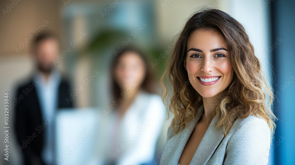 Real astate agent smiling with coworkers in background in office Real astate agent smiling with coworkers in background in office