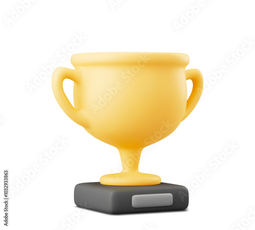 Champion cup 3d vector illustration. Win prize, first place sport competition. Cartoon trophy cup on white background.