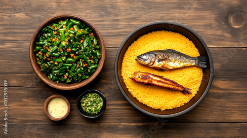 A beautifully arranged plate featuring grilled fish served with couscous and a fresh green salad, showcasing vibrant colors and appetizing textures on a rustic wooden table. photo