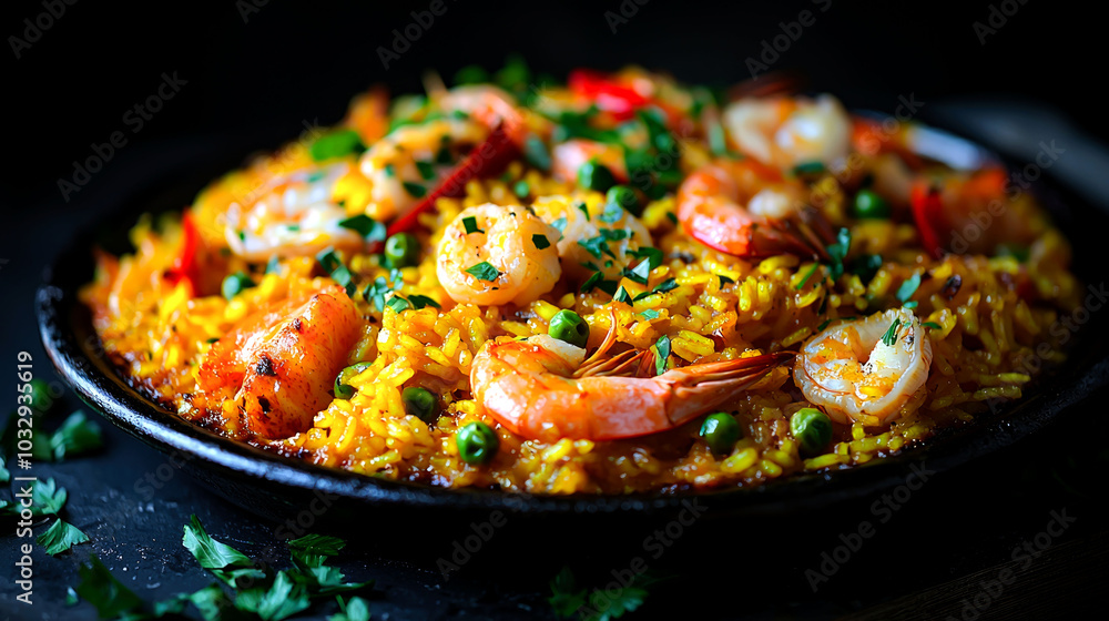 Vibrant shrimp and rice dish garnished with herbs. Vibrant shrimp and rice dish garnished with herbs.