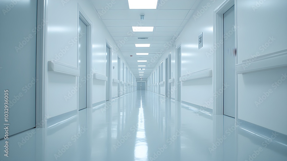 Bright, sterile hospital corridor with polished floors, clean white walls, and a modern architectural feel, designed for a futuristic healthcare setting Bright, sterile hospital corridor with polished floors, clean white walls, and a modern architectural feel, designed for a futuristic healthcare setting