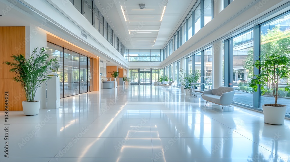 Bright, sterile hospital corridor with polished floors, clean white walls, and a modern architectural feel, designed for a futuristic healthcare setting Bright, sterile hospital corridor with polished floors, clean white walls, and a modern architectural feel, designed for a futuristic healthcare setting