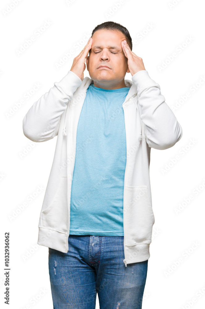 Fototapeta premium Middle age arab man wearing sweatshirt over isolated background with hand on head for pain in head because stress. Suffering migraine.