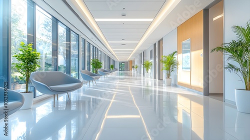 Bright, modern hospital corridor with sleek, clean lines, white walls, and a sterile environment, illuminated by natural light for a pristine medical setting