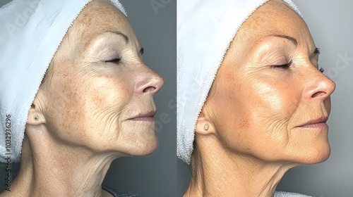 Before and after close-up of a senior woman, showing deep laugh lines and sagging skin transitioning to a plump, youthful, radiant complexion