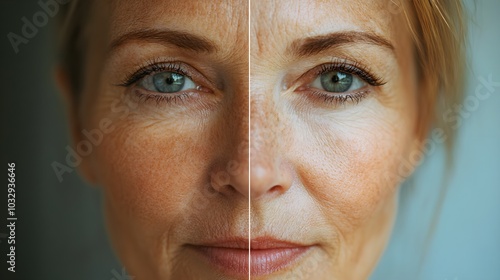 Before-and-after comparison of a mature woman's face, showing a transformation from aged skin with wrinkles to smooth, youthful, radiant skin