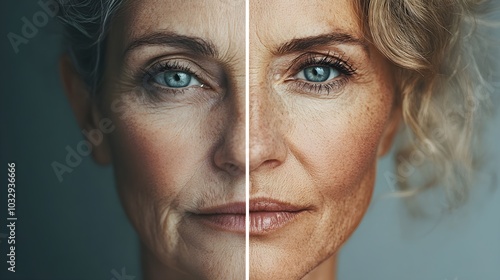 Before-and-after comparison of a mature woman's face, showing a transformation from aged skin with wrinkles to smooth, youthful, radiant skin