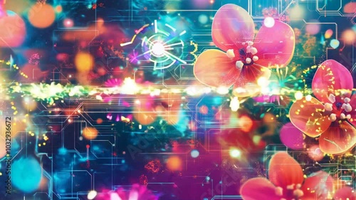 Digital Bloom: An ethereal dreamscape where vibrant flowers bloom amidst a swirling vortex of data and digital energy.