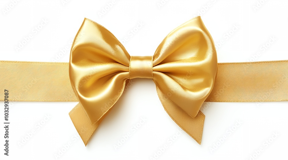 A gold ribbon bow is shown on a white background. The ribbon is long and has a gold color. The bow is tied in a way that it looks like a real bow A gold ribbon bow is shown on a white background. The ribbon is long and has a gold color. The bow is tied in a way that it looks like a real bow