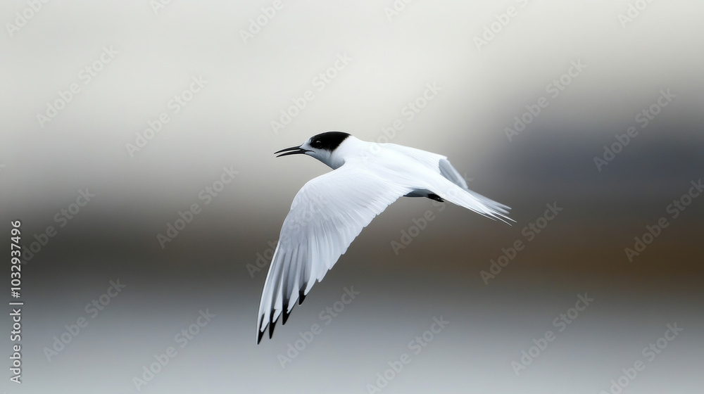 Soaring Arctic tern gliding gracefully through soft polar sky Soaring Arctic tern gliding gracefully through soft polar sky