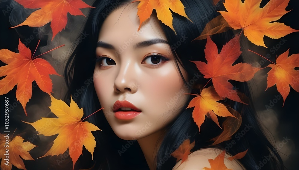 Digital Art Collage of Autumn Leaves and a Beautiful Woman in Double Exposure Digital Art Collage of Autumn Leaves and a Beautiful Woman in Double Exposure
