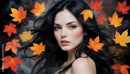 A digital art collage featuring red, orange, and yellow autumn leaves, beautifully arranged around a woman posing for the camera, creating a vibrant and seasonal aesthetic