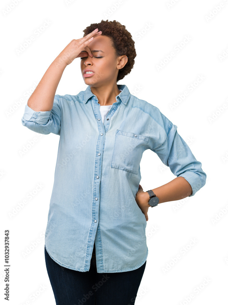 Young beautiful african american woman over isolated background tired rubbing nose and eyes feeling fatigue and headache. Stress and frustration concept. Young beautiful african american woman over isolated background tired rubbing nose and eyes feeling fatigue and headache. Stress and frustration concept.