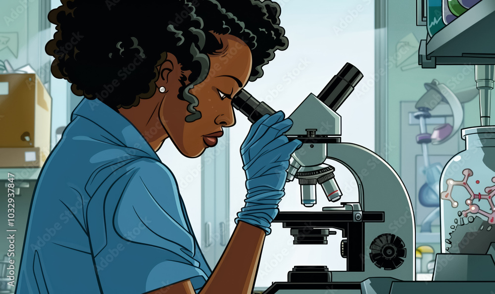 focused scientist woman in medical gloves examines sample through microscope in lab, scientific biology and healthcare research with advanced laboratory equipment focused scientist woman in medical gloves examines sample through microscope in lab, scientific biology and healthcare research with advanced laboratory equipment