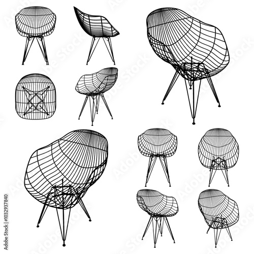 Modern Wired Armed Chair Vector. Rattan Chair With Metal Wired Legs. Illustration Isolated On White Background.