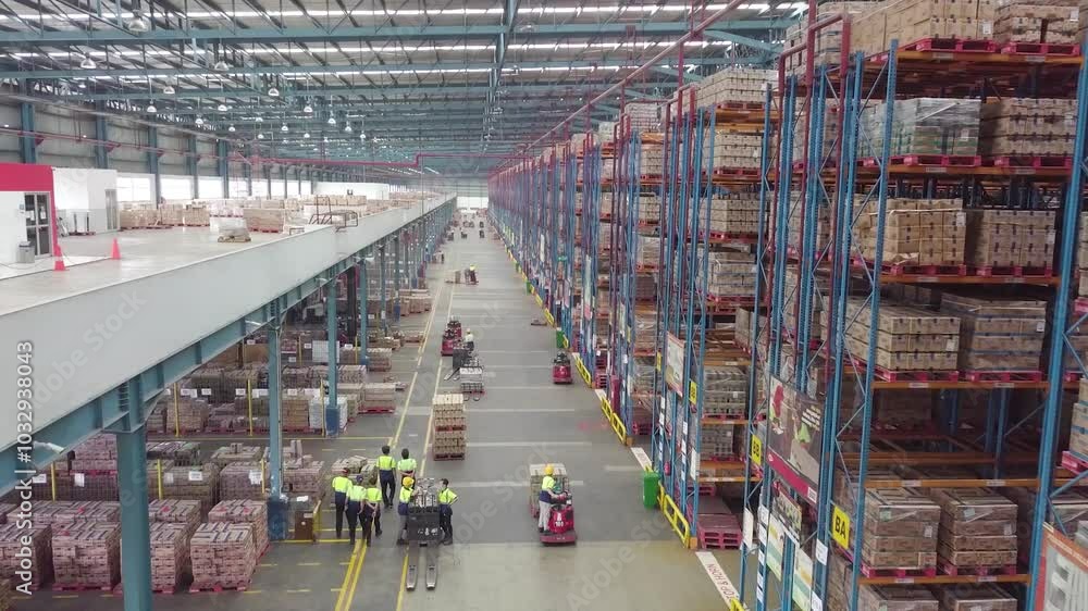 Delivery Warehouse full of shelves with goods in cardboard boxes, workers sort packages, move inventory with pallet trucks and Forklifts. Product Distribution Logistics Center. Asia.