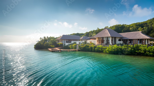Serene waterfront view of a tropical villa with lush greenery and tranquil waters, perfect for a relaxing getaway.