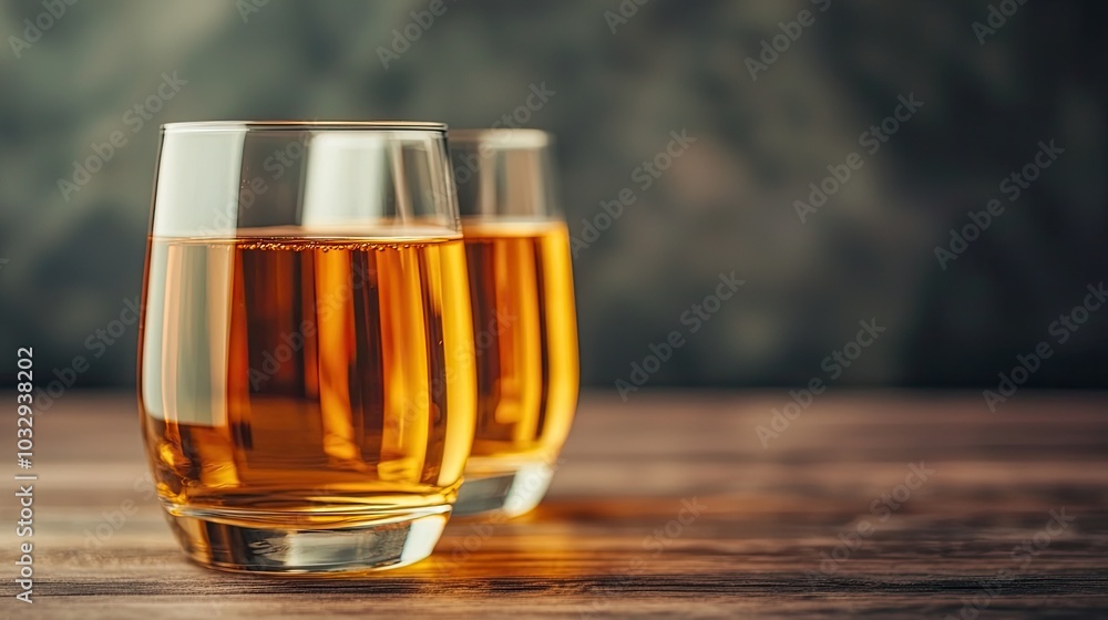 Two elegant glasses filled with amber liquid, set against a muted background, evoke a cozy and inviting atmosphere. Two elegant glasses filled with amber liquid, set against a muted background, evoke a cozy and inviting atmosphere.