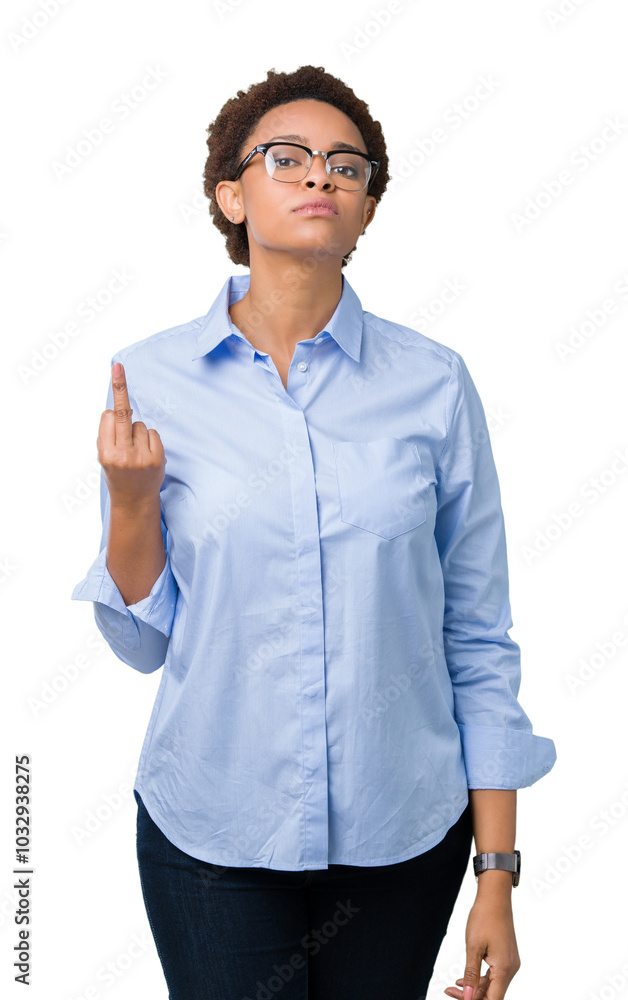 Young beautiful african american business woman over isolated background Showing middle finger, impolite and rude fuck off expression Young beautiful african american business woman over isolated background Showing middle finger, impolite and rude fuck off expression
