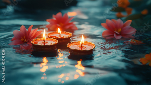 A peaceful image of floating diyas on a water surface, with flowers surrounding them. Copy space, Lakshmi Puja photo