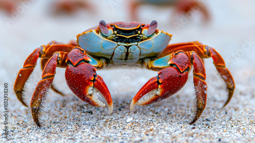 Close up of red crabs on sandy beach, showcasing vibrant colors and details