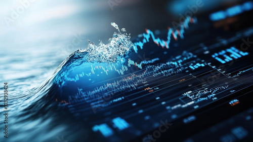 Crystal clear water wave reflecting market data graph creates dynamic visual