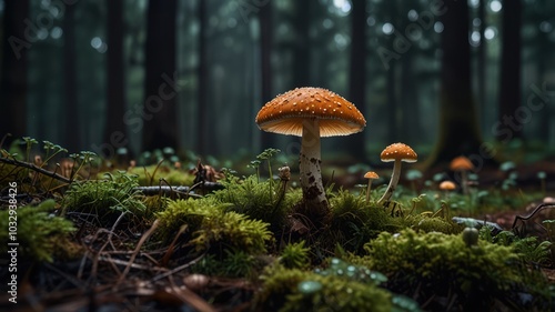 A vibrant orange mushroom with white spots stands out against a backdrop of lush green moss and towering trees in a misty forest.